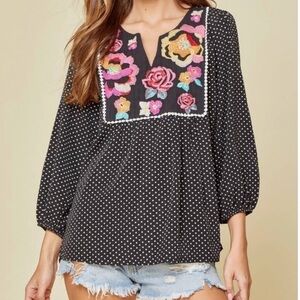 SAVANNA JANE Black Polka Dot Embroidered Top Floral Boho Festival Size Small